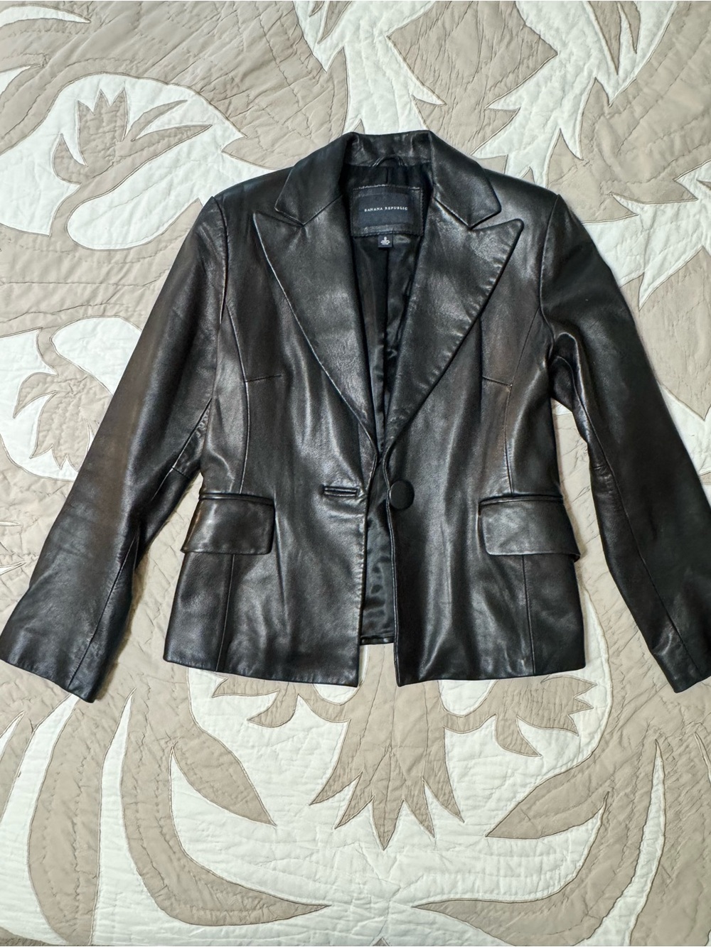 Banana Republic Black Leather Single-Button Blazer Jacket